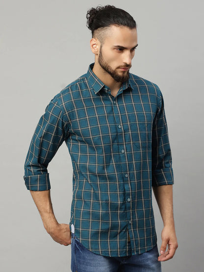Men Blue Slim Fit Checked Casual Shirt