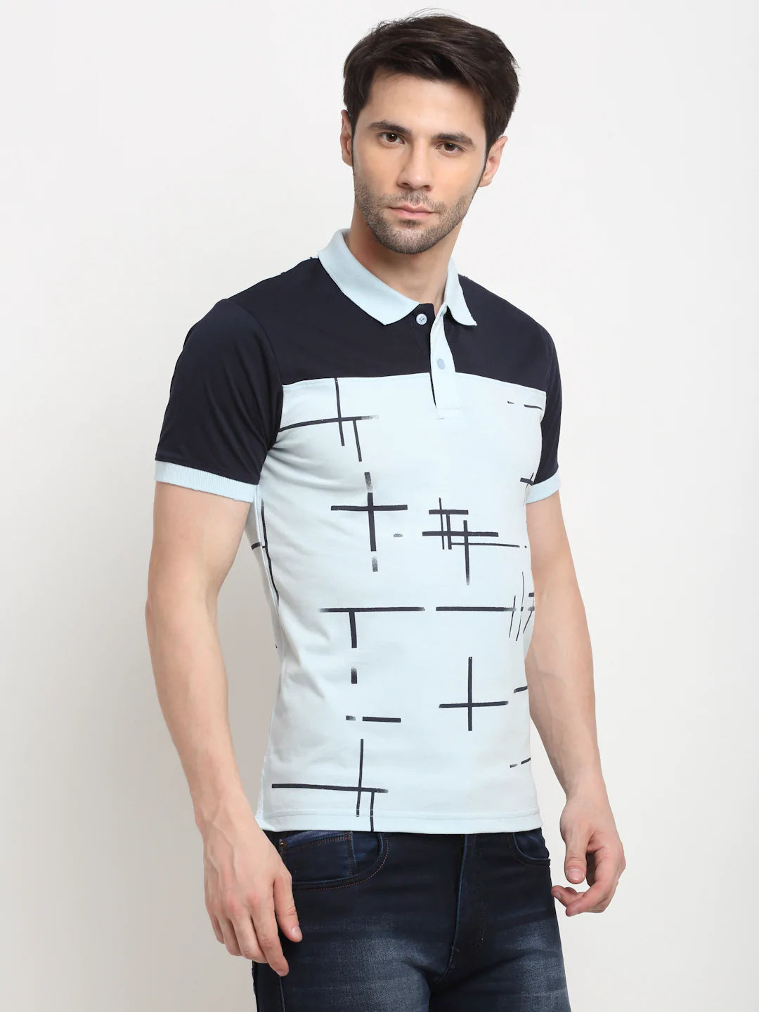 Men Blue Colourblocked Polo Collar Slim Fit T-shirt