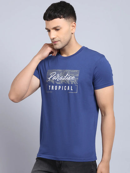 Men Blue  White Typography Printed Slim Fit Cotton T-shirt