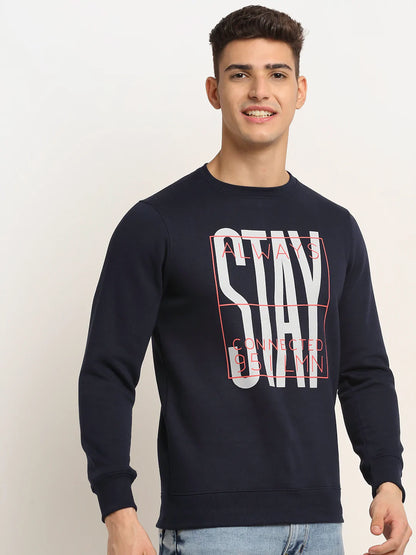 Men Navy Blue Printed Fleece Sweatshirt