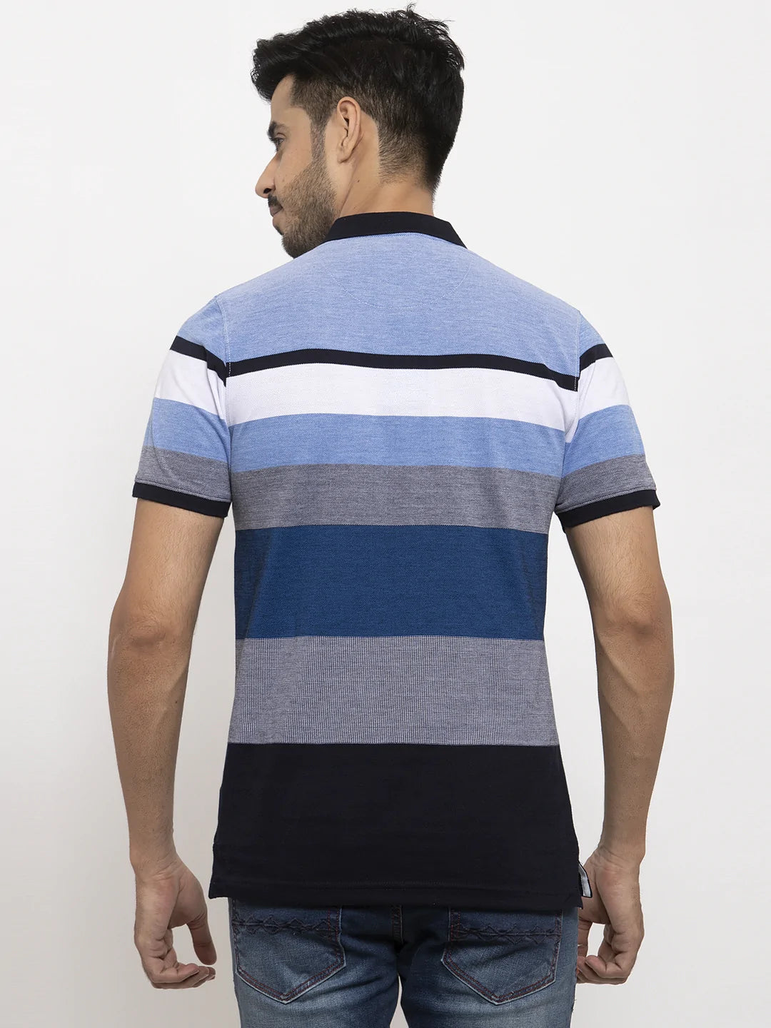 Men Grey  Blue Striped Polo Collar T-shirt