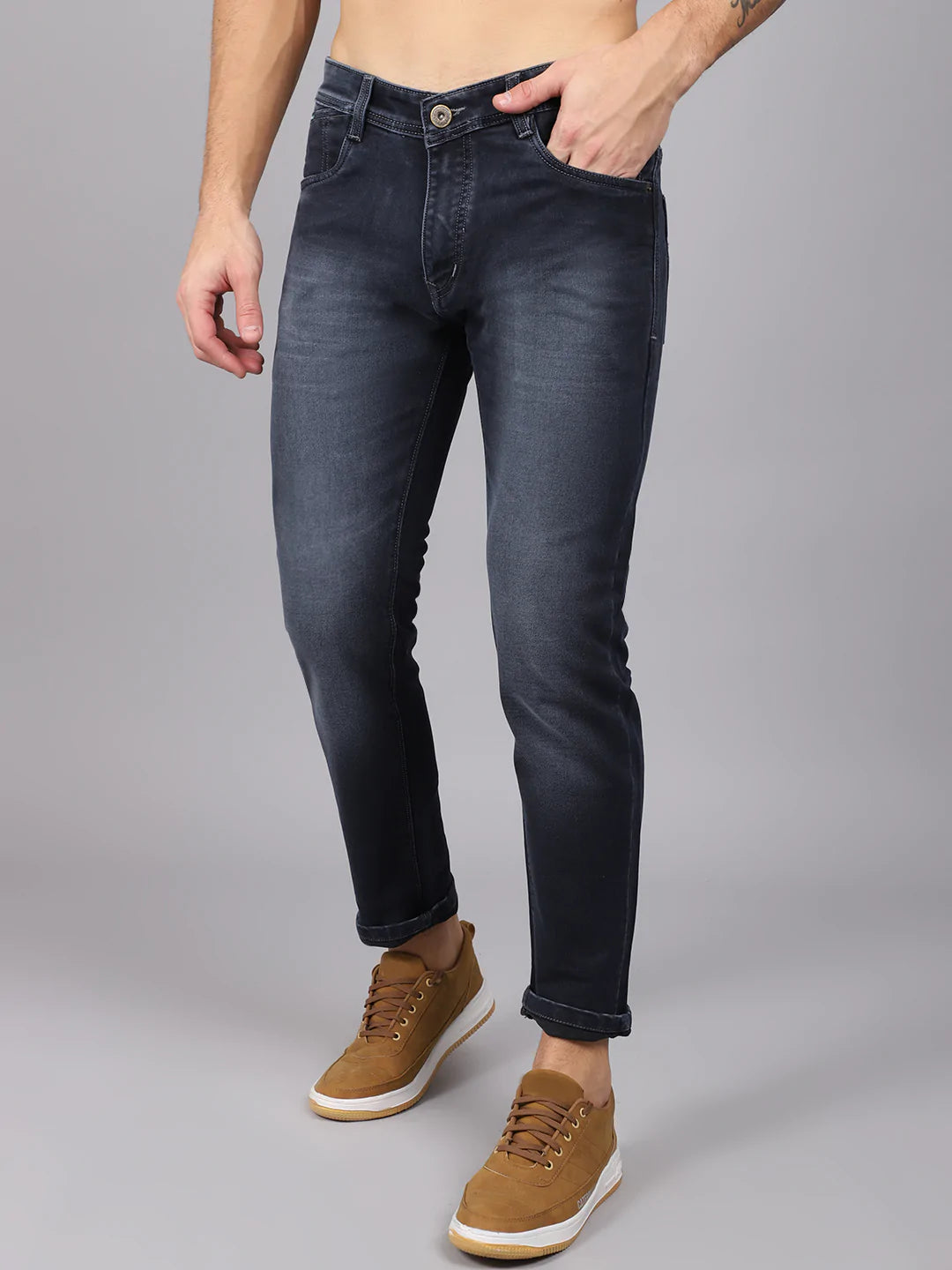 Men Blue Slim Fit Low Distress Heavy Fade Stretchable Jeans