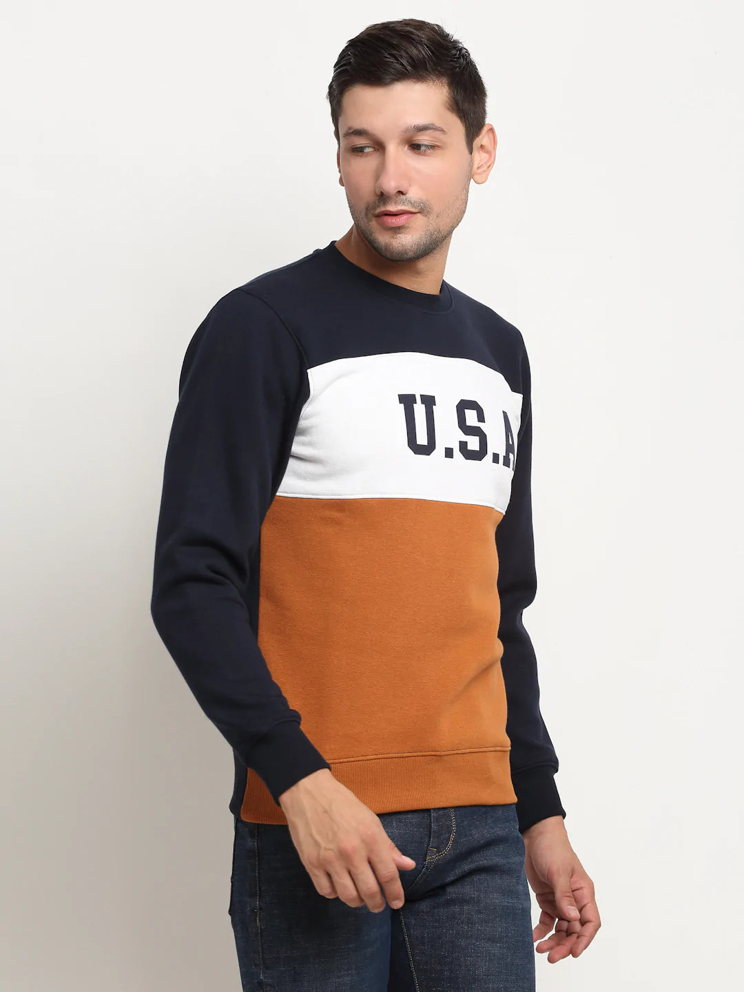 Men Mustard Yellow  White Colourblocked Fleece Sweatshirt