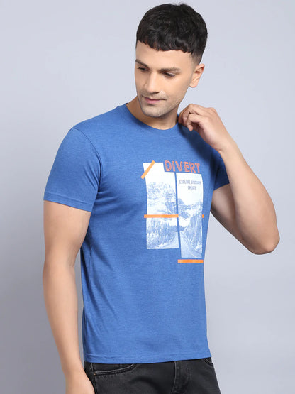 Men Blue  White Printed Slim Fit Cotton T-shirt