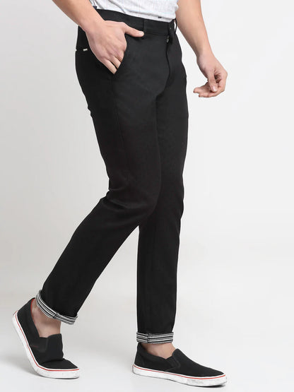 Men Black Self Design Slim Fit Trousers