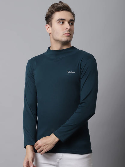 Men Teal High Neck Applique Slim Fit Cotton T-shirt