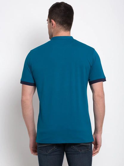 Men Blue Solid Henley Neck T-shirt