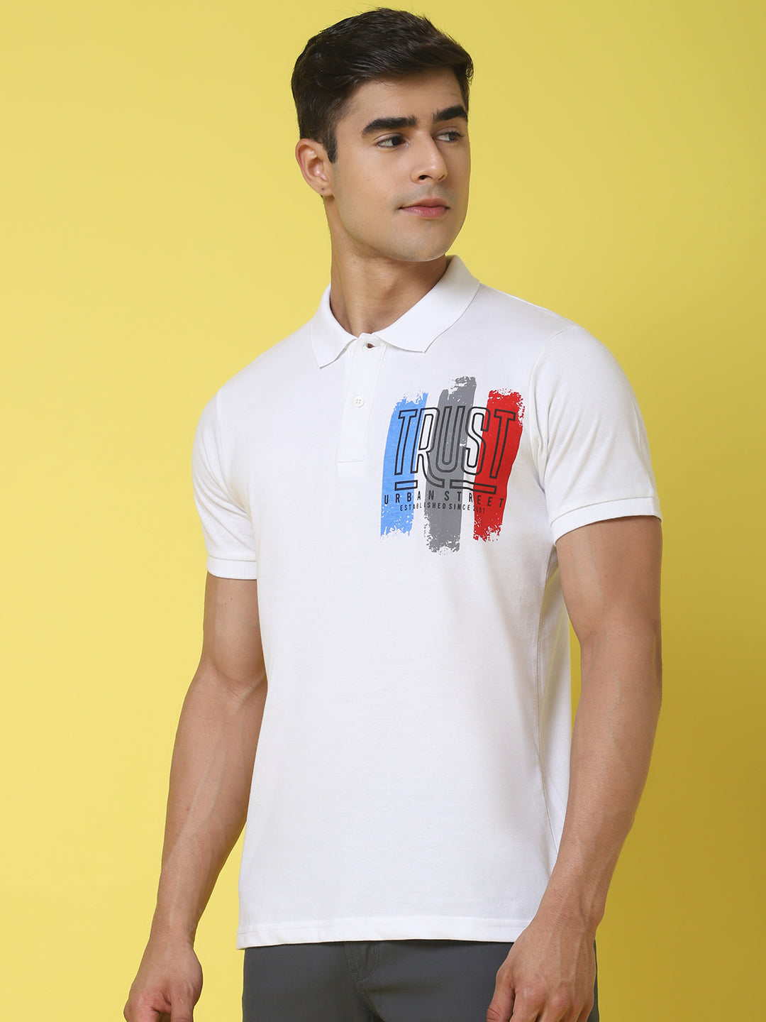 Typography Printed Polo Collar Slim Fit T-shirt