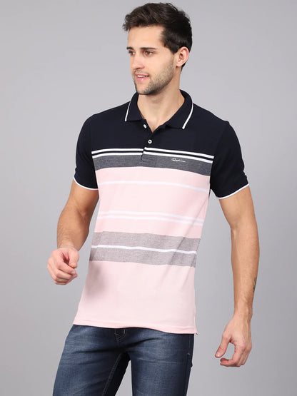 Men Pink  Black Striped Polo Collar Slim Fit T-shirt