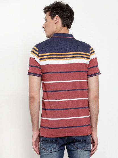 Men Rust Red Striped Polo Collar T-shirt