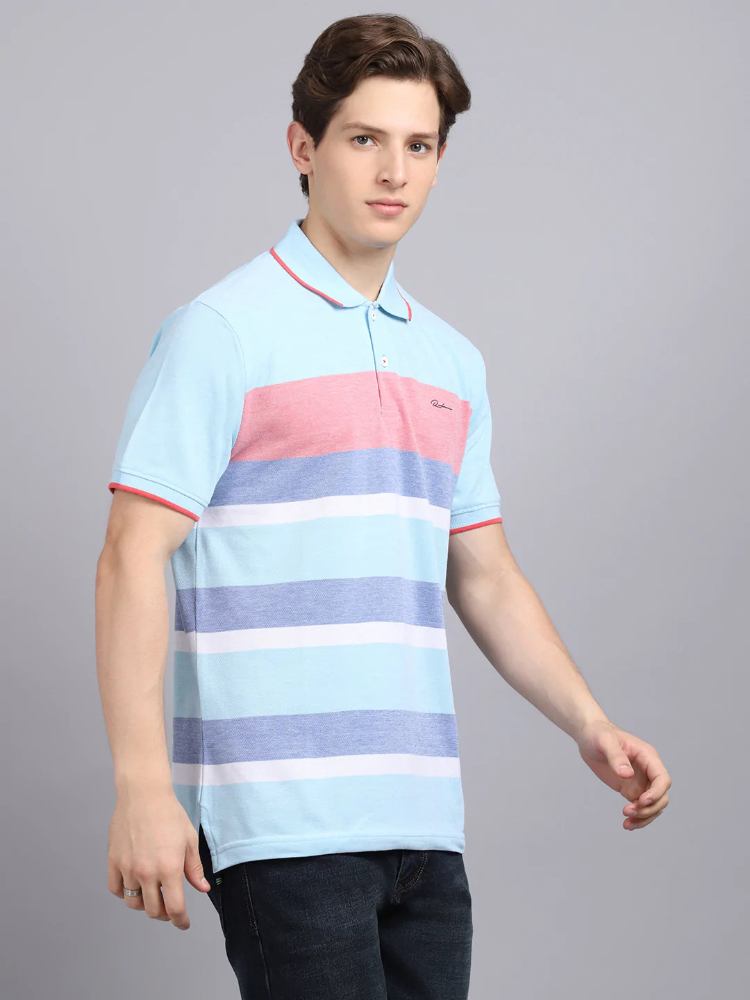 Men Blue Striped Polo Collar Slim Fit T-shirt
