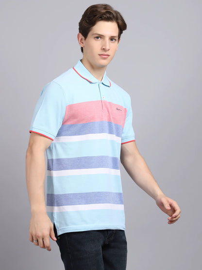 Men Blue Striped Polo Collar Slim Fit T-shirt