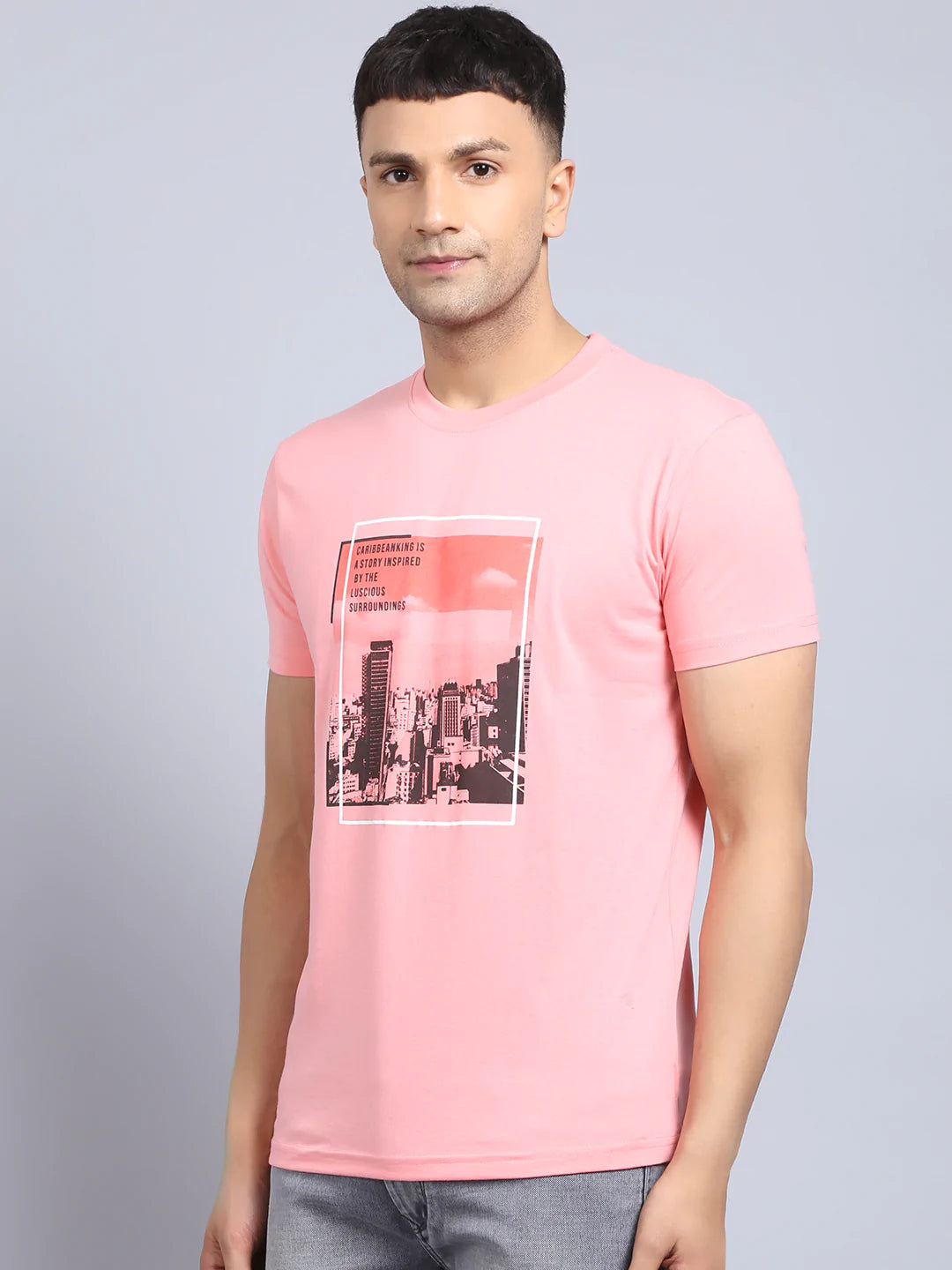 Men Pink Printed Slim Fit T-shirt