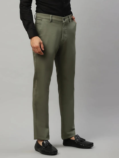 Men Olive Green Solid Slim Fit Regular Trousers