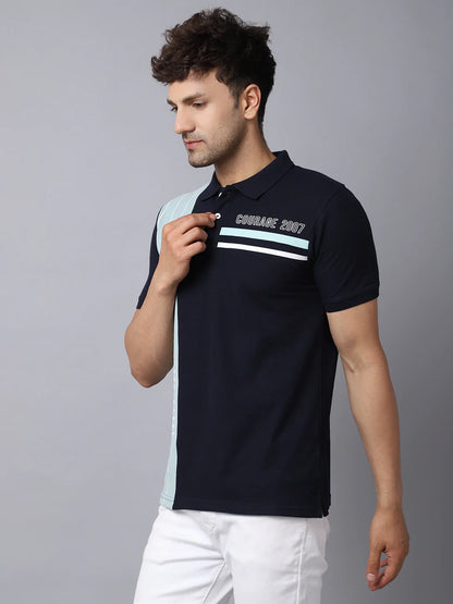 Men Multicoloured Striped Polo Collar Slim Fit T-shirt