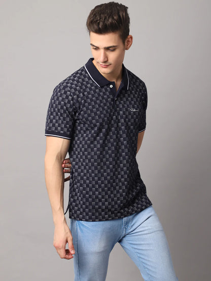 Men Navy Blue Printed Polo Collar Slim Fit Cotton T-shirt