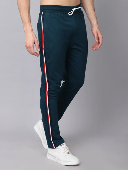 Men Teal Green Solid Slim Fit Track Pants With Side Stripes