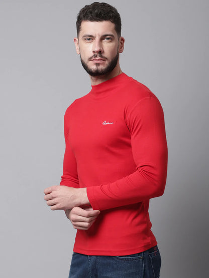 Men Red High Neck Slim Fit Cotton T-shirt