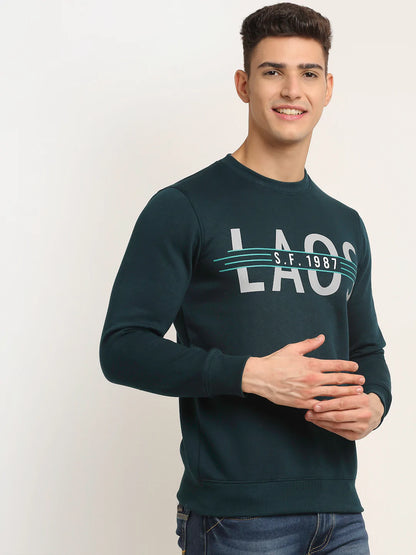 Men Teal Blue Printed Fleece Sweatshirt