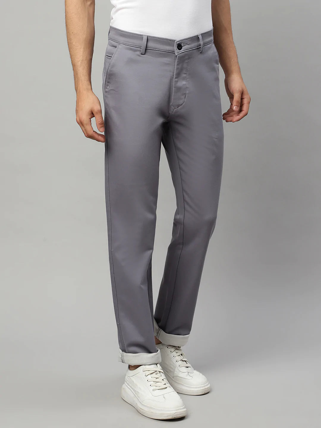 Men Grey Solid Cotton Slim Fit Chinos