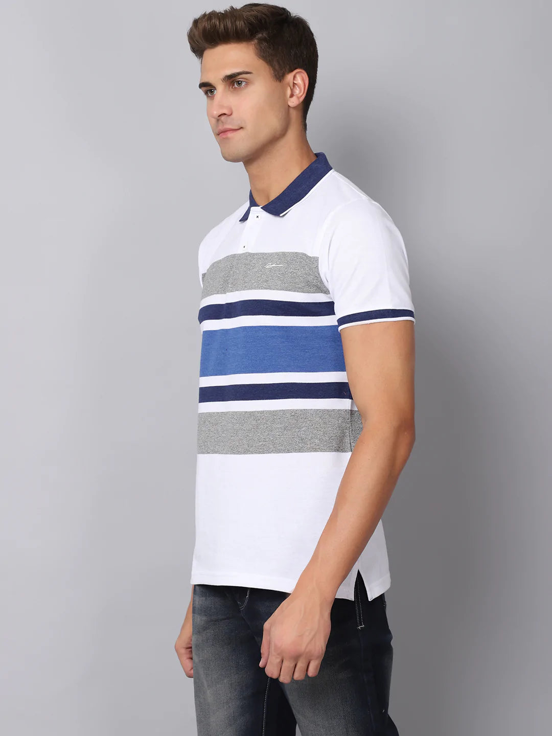 Men Multicoloured  magnolia Striped Polo Collar Slim Fit T-shirt