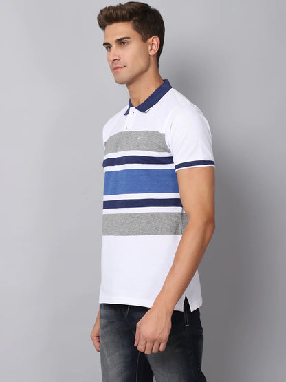 Men Multicoloured  magnolia Striped Polo Collar Slim Fit T-shirt