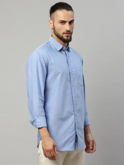 Men Blue Solid Slim Fit Cotton Casual Shirt