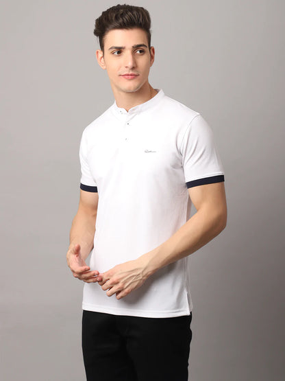 Men White Mandarin Collar Slim Fit T-shirt