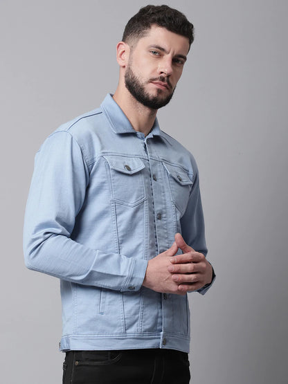 Men Blue Denim Cotton Jacket with Patchwork