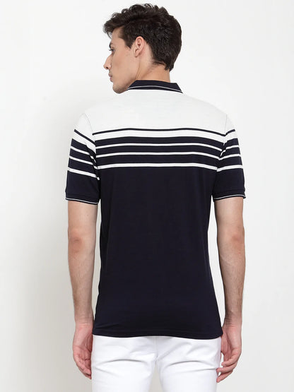 Men Navy Blue Striped Polo Collar T-shirt