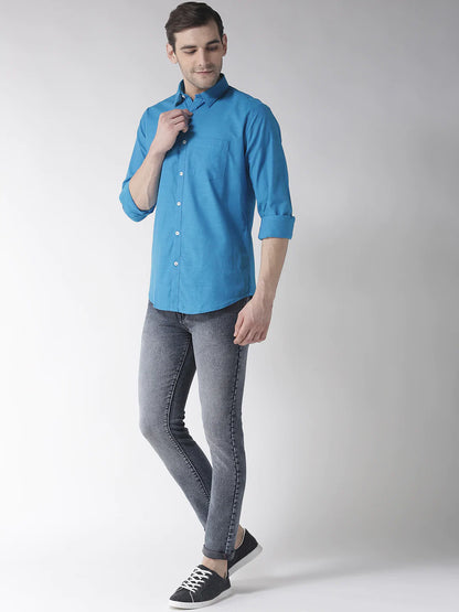 Men Blue Slim Fit Solid Casual Shirt