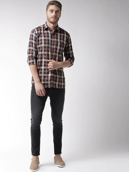 Men Brown  Navy Blue Slim Fit Checked Casual Shirt
