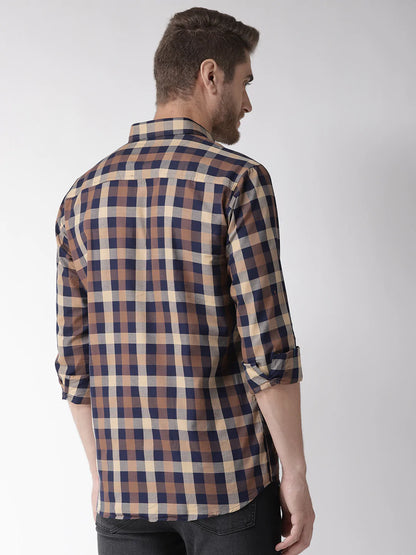 Men Brown  Navy Blue Slim Fit Checked Casual Shirt