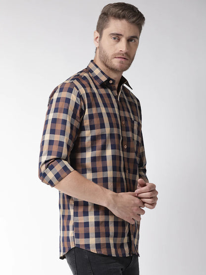 Men Brown  Navy Blue Slim Fit Checked Casual Shirt