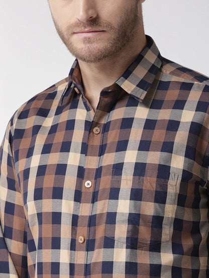 Men Brown  Navy Blue Slim Fit Checked Casual Shirt