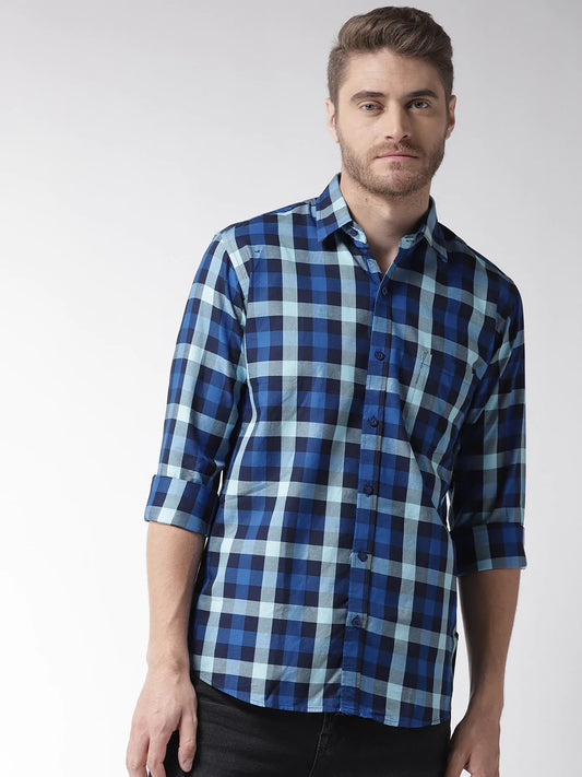 Men Blue Slim Fit Checked Casual Shirt