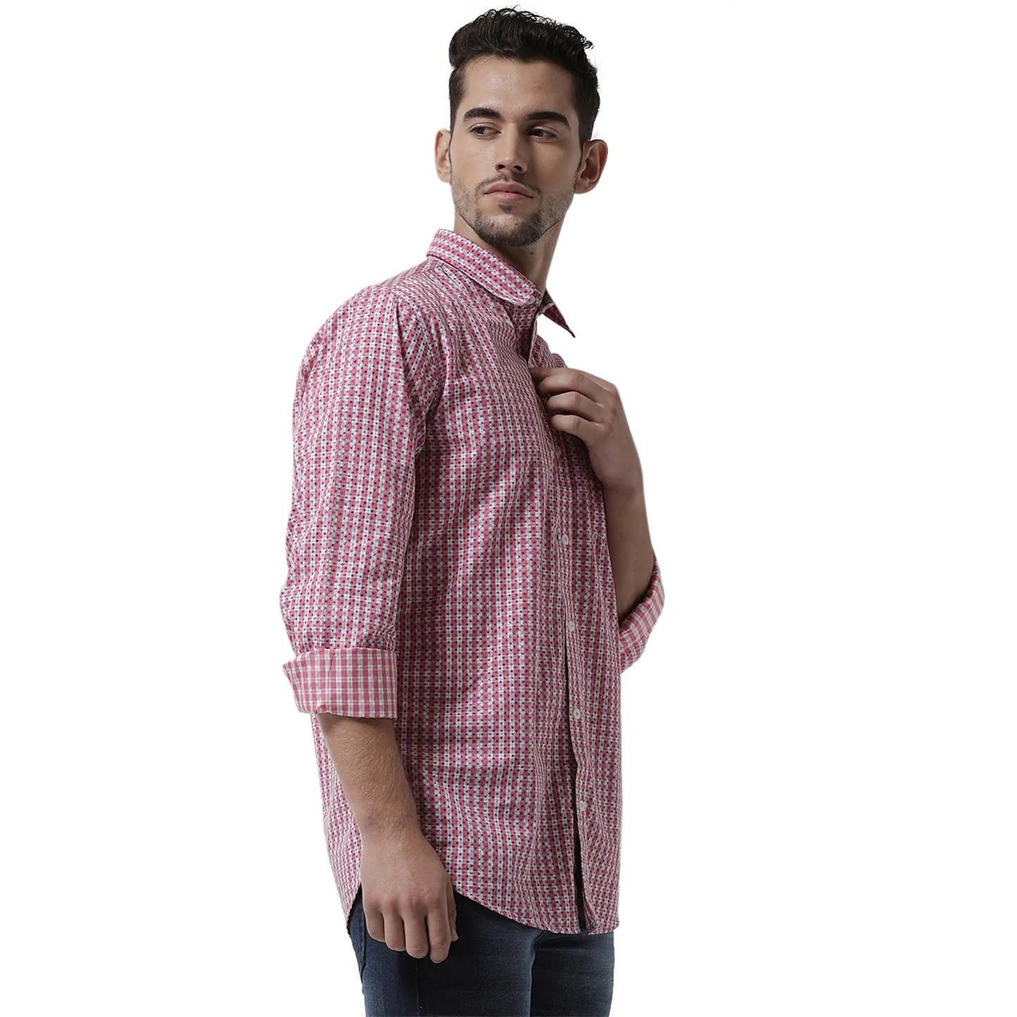 Men Pink  White Slim Fit Checked Casual Shirt