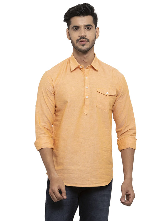 Men Orange Solid Pathani Kurta