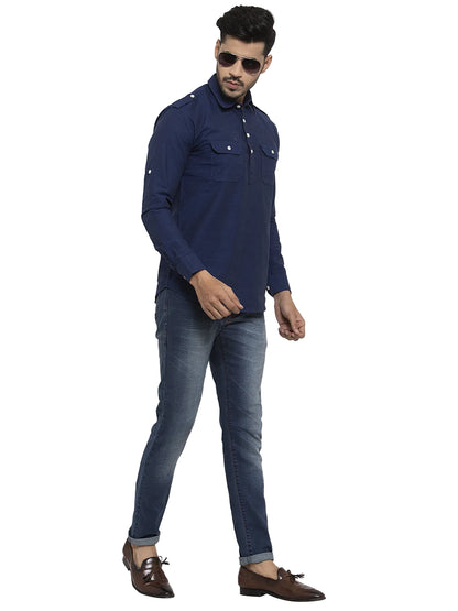 Men Navy Blue Solid Pathani Kurta
