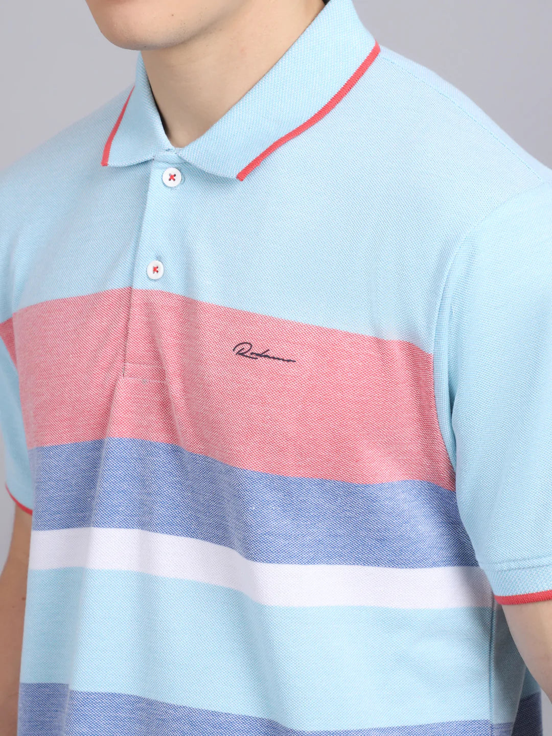 Men Blue Striped Polo Collar Slim Fit T-shirt