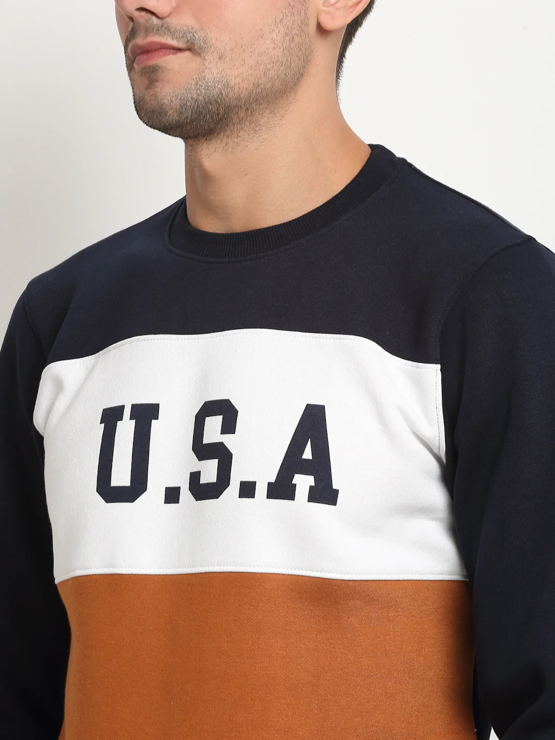 Men Mustard Yellow  White Colourblocked Fleece Sweatshirt