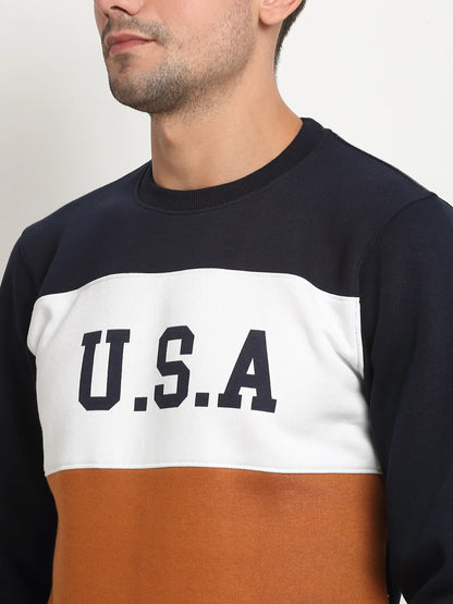 Men Mustard Yellow  White Colourblocked Fleece Sweatshirt