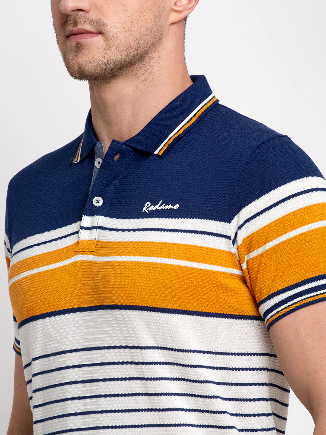 Men Multicoloured Striped Polo Collar T-shirt