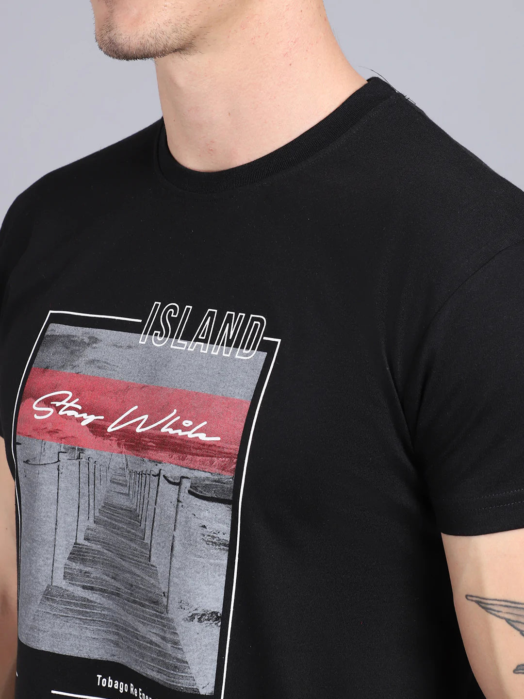 Men Black Printed Cotton Slim Fit T-shirt