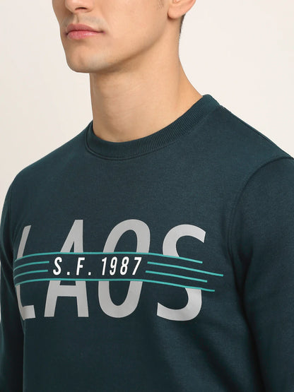 Men Teal Blue Printed Fleece Sweatshirt