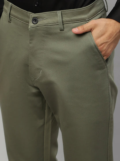 Men Olive Green Solid Slim Fit Regular Trousers