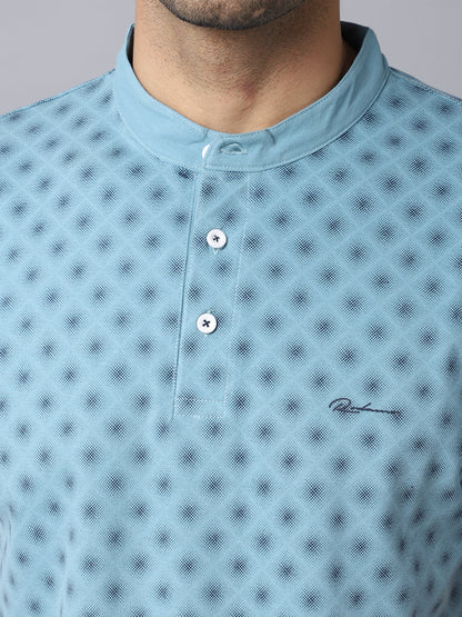 Men Blue Printed Mandarin Collar Slim Fit T-shirt