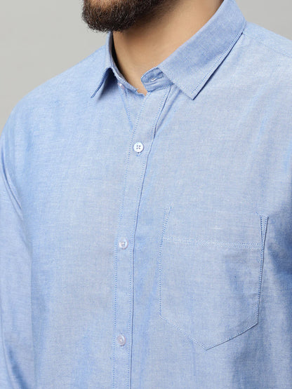 Men Blue Solid Slim Fit Cotton Casual Shirt