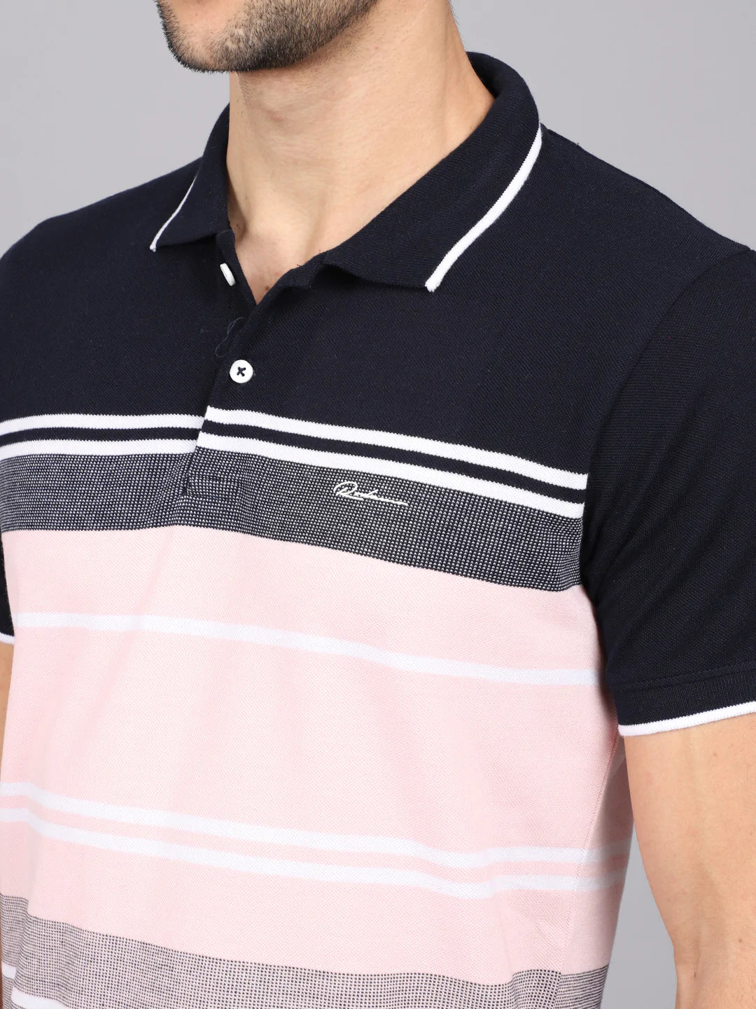 Men Pink  Black Striped Polo Collar Slim Fit T-shirt