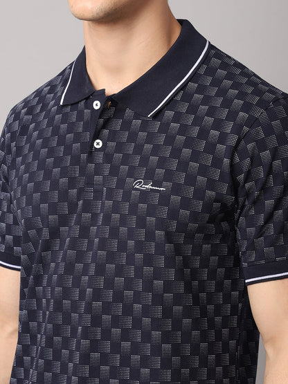 Men Navy Blue Printed Polo Collar Slim Fit Cotton T-shirt